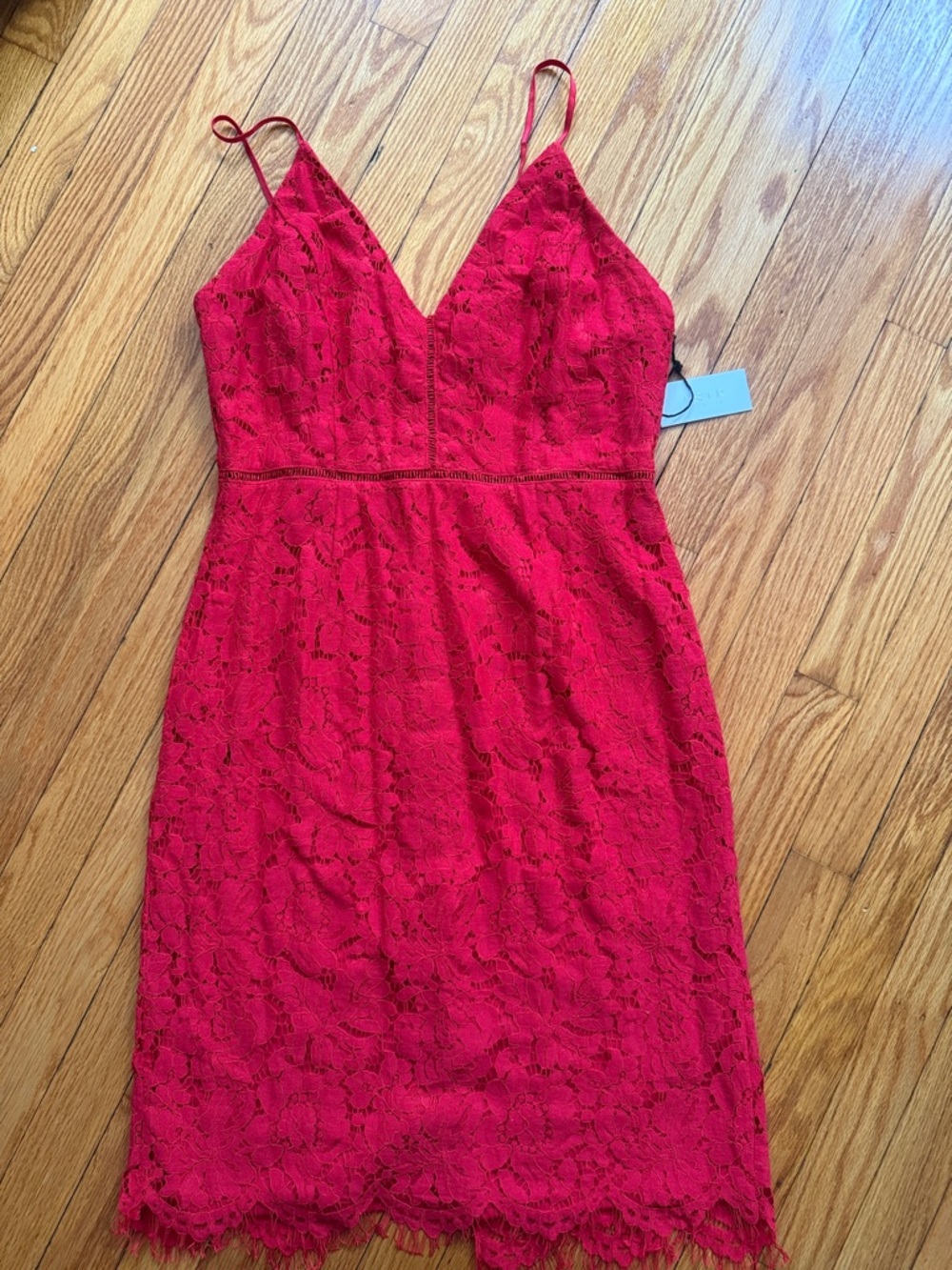 Astr Red Lace V-Neck Spaghetti-Strap Mini Dress